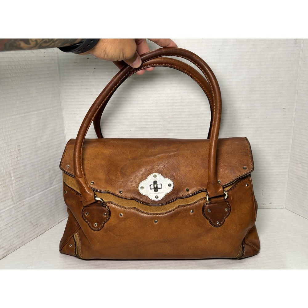 Vintage Michael Kors Brown Leather Satchel Turn Lock Studded Shoulder Bag 14"